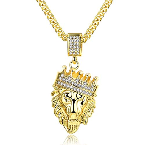 Yellow Chimes Stainless Steel Golden Lion Head Crown Crystal Pendant for Men and Boys