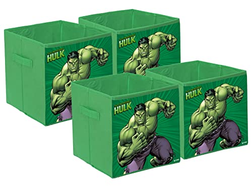 Kuber Industries Marvel Hulk Print Durable & Collapsible Square Storage Box|Clothes Organizer With Handle,Pack of 4 (Green)