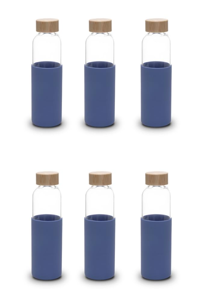 UMAI Borosilicate Glass Water Bottle with Sleeve 550ml | Non Slip Silicon Sleeve & Bamboo Lid | Fridge Water Bottle For Home & Office (Blue, Pack of 6)