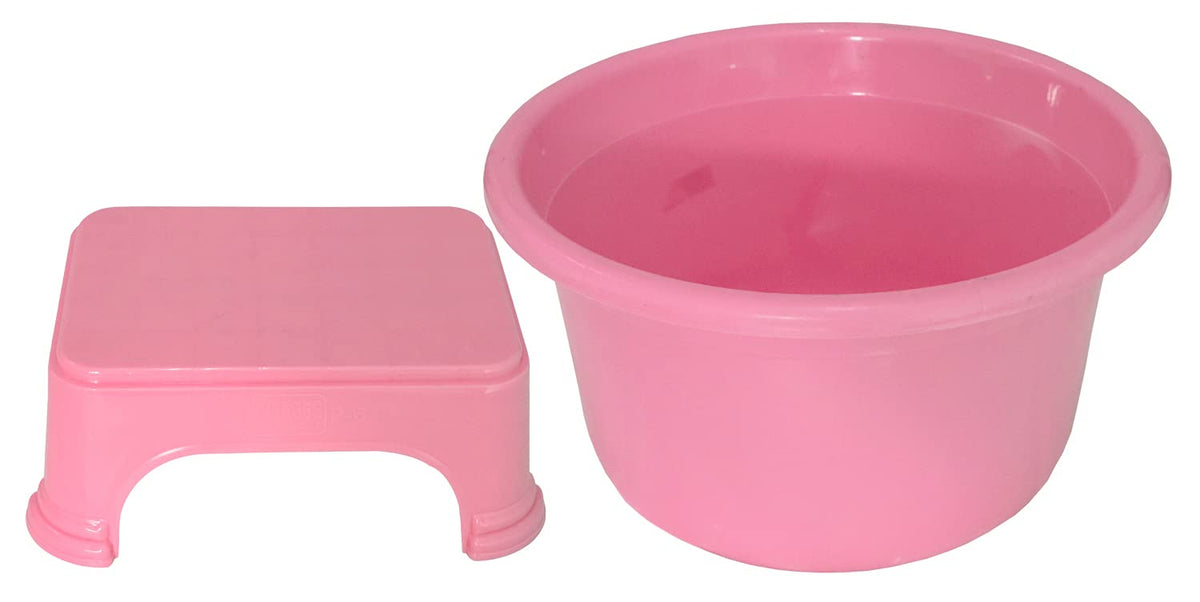 Kuber Industries 2 Pieces Plastic Bathroom Tub & Stool Set (Pink)