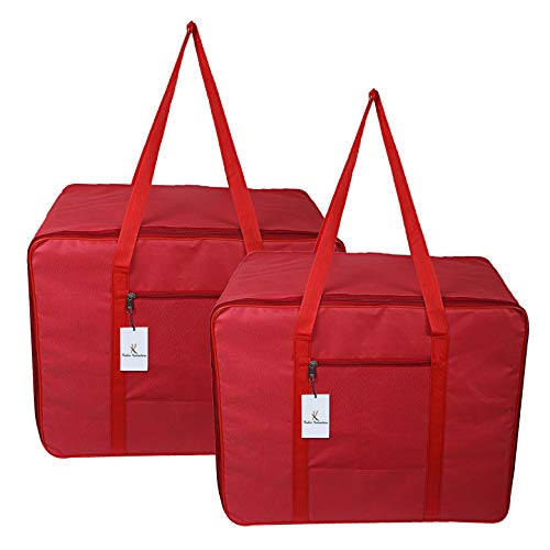 Kuber Industries Rexine 2 Pcs Jumbo Underbed Moisture Proof Storage Bag with Zipper Closure and Handle (Red) -CTKTC6323