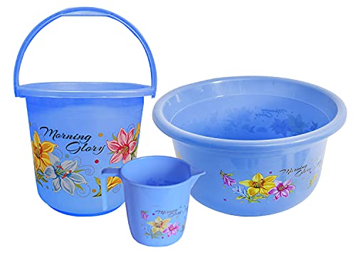 Kuber Industries Printed 3 Pieces Plastic Bucket, Mug & Tub Set (Blue)