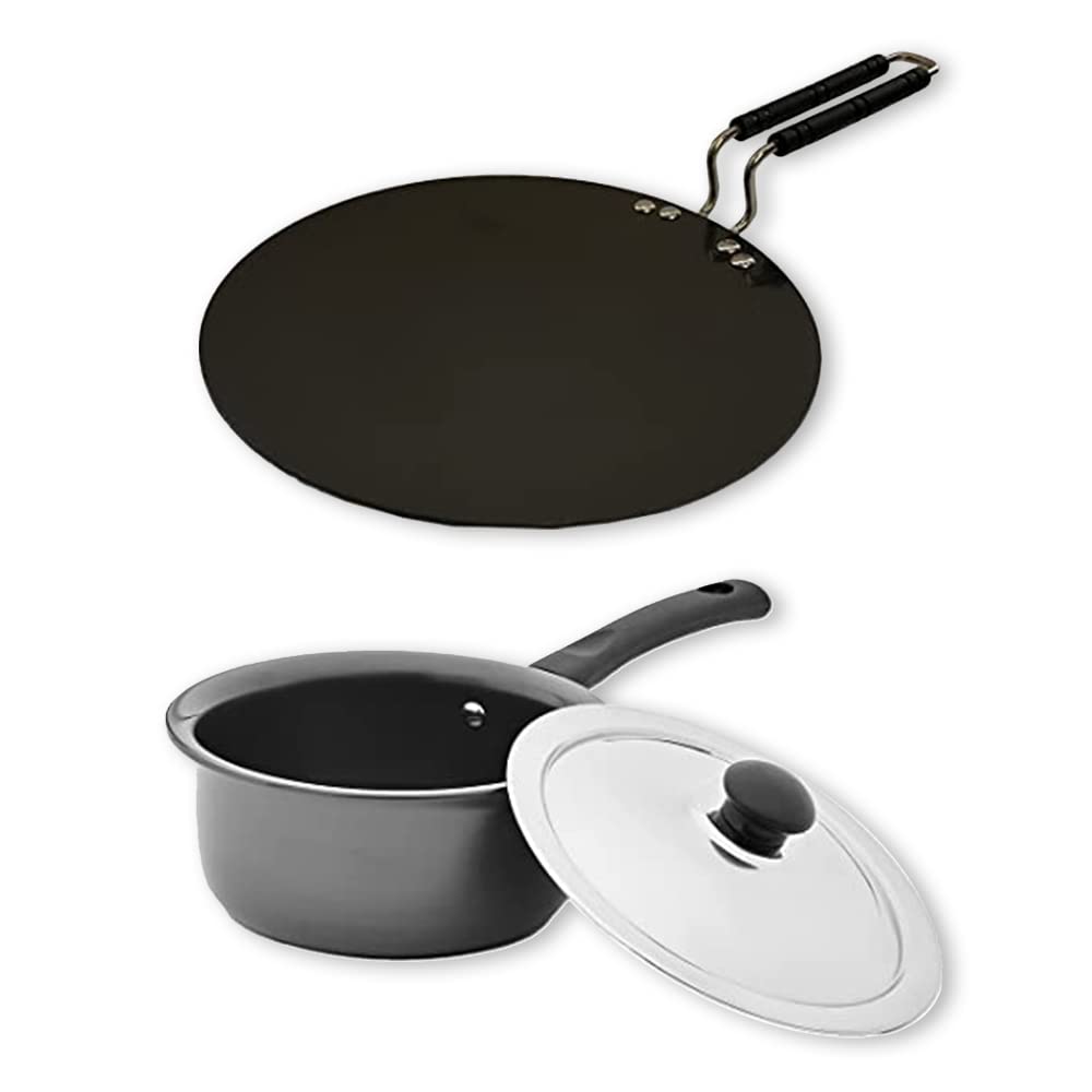 SAVYA HOME¬Æ Hard Anodised Saucepan with Lid (16 cm) - 1 L & Hard Anodised Roti Tawa (25cm) Combo | Set of 2 |Heat Surround Cooking | Gas & Induction Cookware | Black