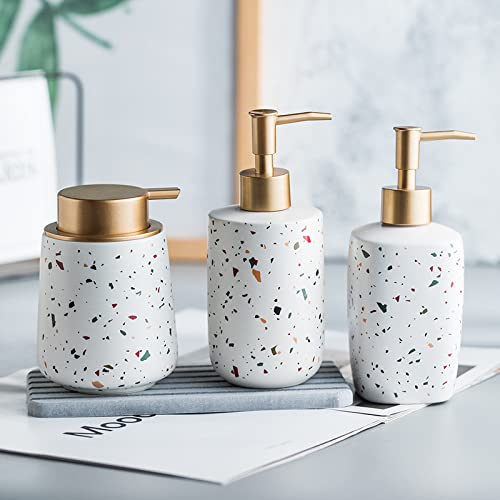 UMAI 3 Pcs Liquid Soap Dispenser Set | Stoneware | Bathroom Sanitizer, Lotion, Shampoo Dispenser | Ceramic Handwash Bottle for Kitchen | Soap Dispenser for Wash Basin | Bathroom Accessories | White