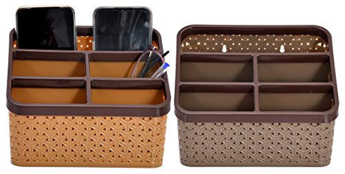 Kuber Industries Plastic 2 Pieces Multi-Purpose Large Size Compact Desk Storage Organizer Stationary Box (Brown & Beige)-KUBMART3258