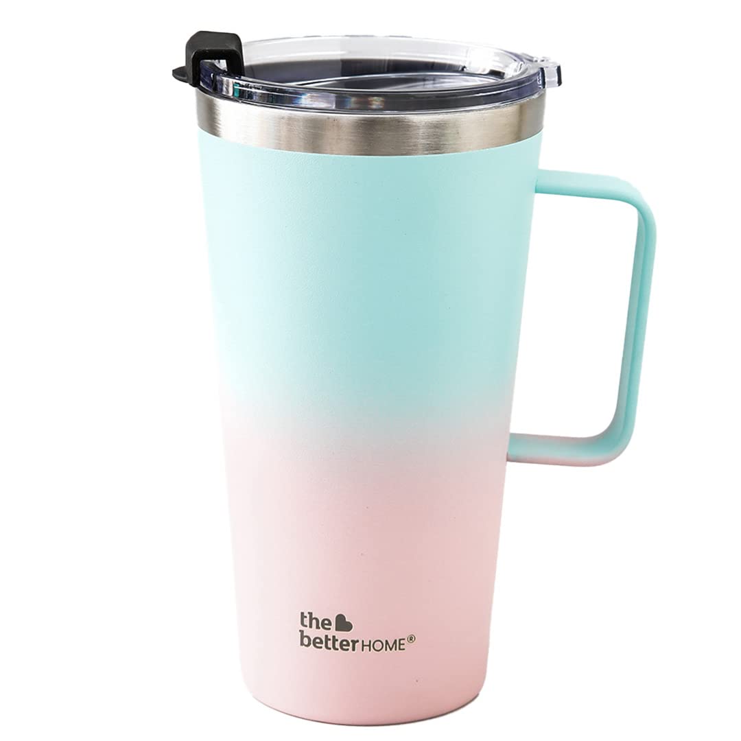 The Better Home Insulated Coffee Mug with Lid & Handle (450ml) | Double Wall Insulated Stainless Steel Coffee Mug | Hot and Cold Coffee Tumbler | Coffee Mug for Travel | Blue-Pink (Blue to Pink)