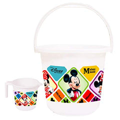 Kuber Industries Disney Mickey Minnie Print 2 Pieces Unbreakable Virgin Plastic Bathroom Bucket With Mug Set- White, (1 Pc 16 LTR Bucket & 1 Pc 500 ML Mug) -HS_35_KUBMARTS17938