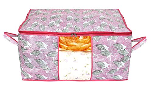 Kuber Industries Non Woven Fabric Metallic Leafy Print Foldable Clothes Storage Bag Wardrobe Organizer for Comforters, Blankets, Bedding with Sturdy Zipper, Clear Window (Pink, 65 Cm X 45 Cm X 31 Cm)