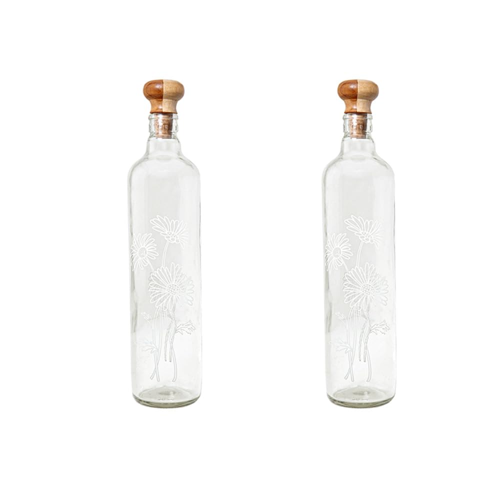Ellementry Daisy Glass Bottle with Cork (750 ML)| Water and Milk Bottle for Fridge | Clear and Transparent Bottles for Home and Office | BPA Free | Stylish and Premium Wine Bottle- Set of 2
