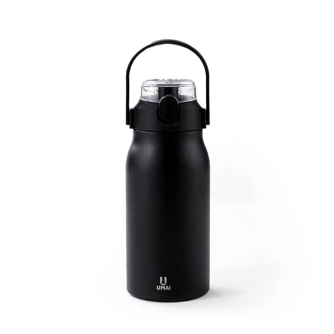 Umai Insulated Stainless Steel Bottle 1 Litre with Sipper Lid-Double Wall Vacuum Thermos |Leak Proof|Rust Proof|Keeps Drinks Hot/Cold for 6-12 Hours|FlipUp Handle|Easy to Carry (Black) (Pack of 1)