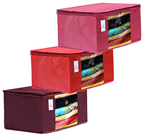 Kuber Industries 3 Piece Non Woven Fabric Saree Cover Set with Transparent Window, Extra Large, Maroon,Pink,Red-CTKTC31956