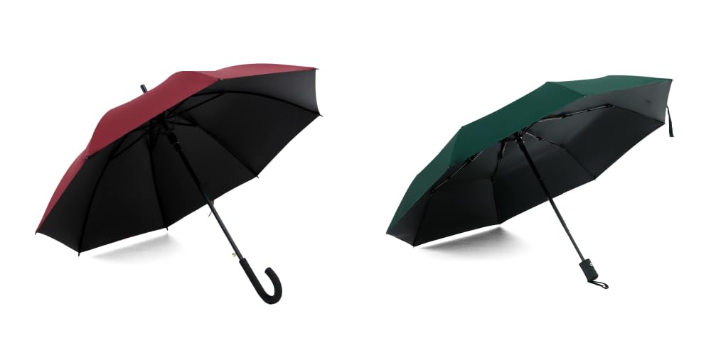 ABSORBIA Unisex Straight Umbrella Wine Red and 3X Folding Umbrella Dark Green(Pack of 2), For Rain & Sun Protection and also windproof |Folding Portable Umbrella with Cover |Fancy and Easy to Travel