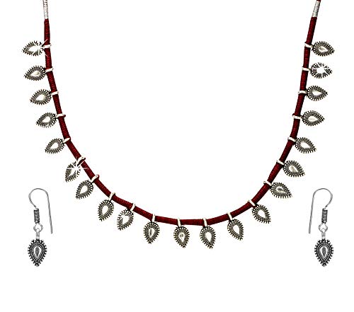 Yellow Chimes German Silver Oxidized Handmade Dori Work Thread Charm Tribal Look Choker Necklace Set with Earrings & Anklet Jewellery Set for Women Marron