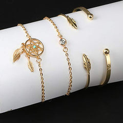 Yellow Chimes Combo of 4 Pcs/Set Boho Leaf Design Crystal Chain Vintage Dream Catcher Gold Plated Cuff Bracelet for Women and Girl's