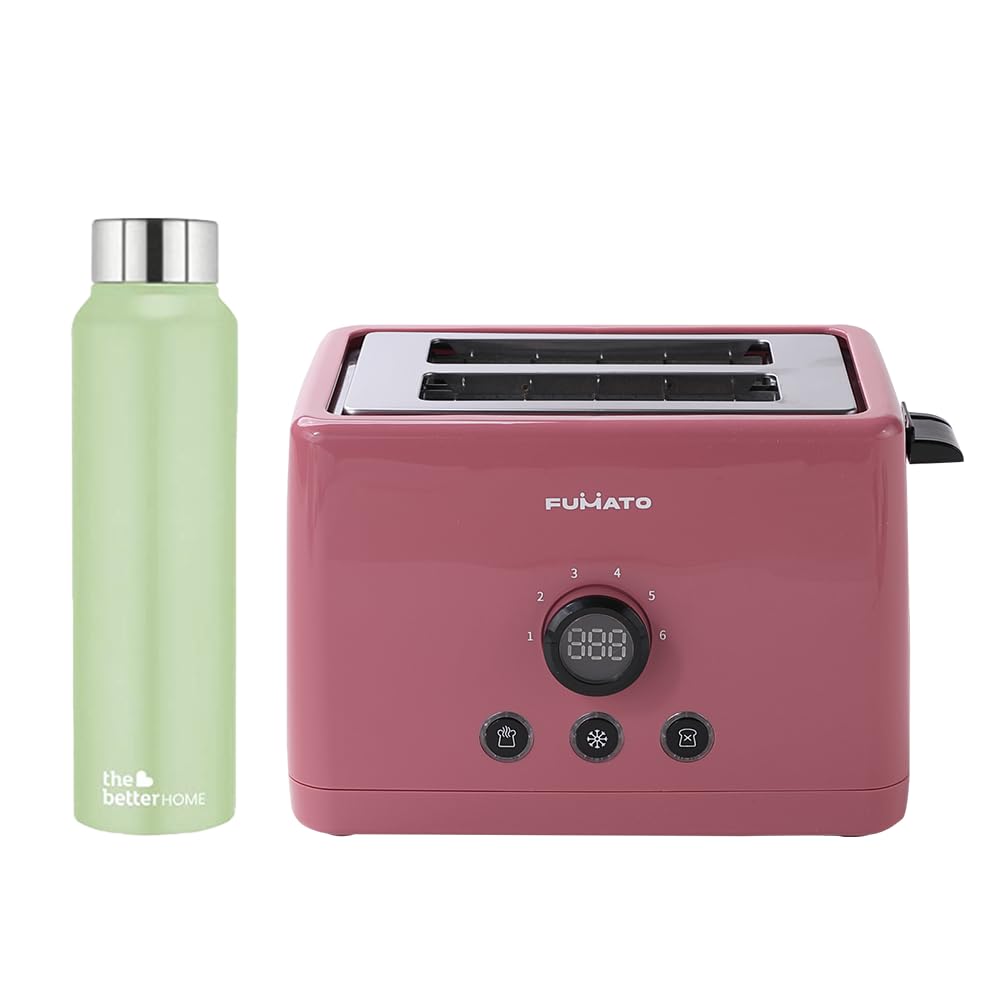 The Better Home FUMATO 1000 Watt 2 Slice Pop-up Toastmate Toaster & Stainless Steel Water Bottle 1 Litre Green