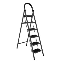 Cheston Premium MS Steel 6 Step Foldable Ladder 6.1' FT Anti Skid Step Ladder | Wide Pedal and Hand Grip | Shock Resistance | Supports Over 150 Kgs (Black)