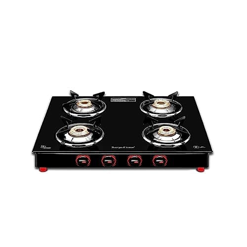 Surya Flame Smart Gas Stove 4 Burners With Glass Top | India's First ISI Certifed Black Body PNG Stove With Jumbo Burner - 2 Years Complete Doorstep Warranty(Pack of 2)