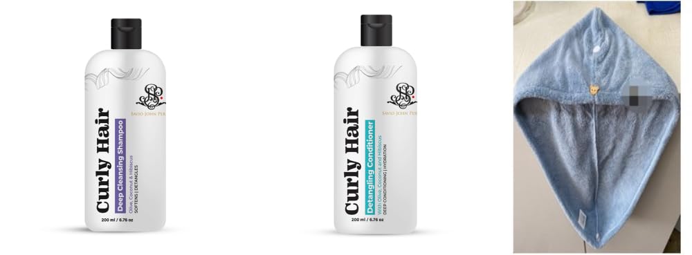 Ultimate Curls Care Set by Bollywood Hair Stylist Savio John Pereira - Curly Hair Shampoo, Conditioner & Microfiber Hair Towel Wrap (Blue) | Enriched with Olive Oil, Hibiscus, Coconut & Shea Butter