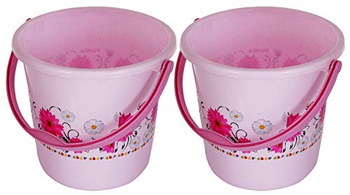 Kuber Industries Floral Design 2 Pieces Unbreakable Strong Plastic Bathroom Bucket 18 LTR (Pink) - CTKTC034695
