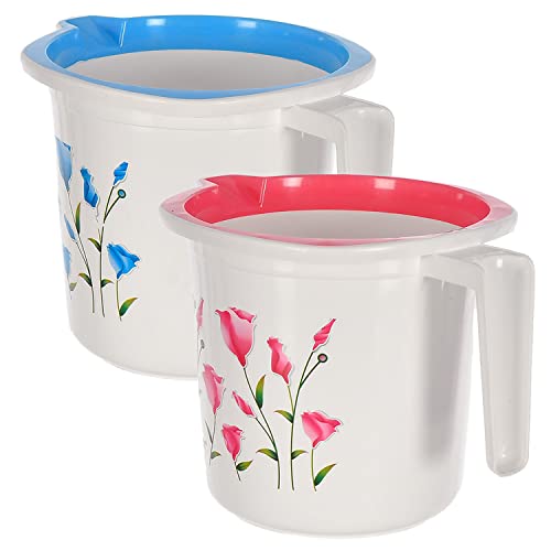 Kuber Industries Floral Print Plastic Bathroom Mug 1.5 Litre Pack of 2-46KM0199, Blue & White & Pink, Standard