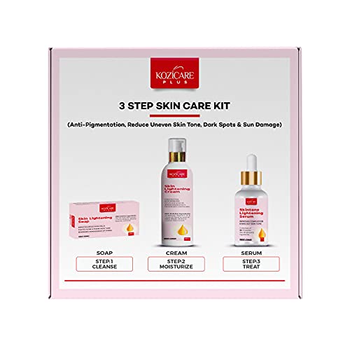 Kozicare Plus 3 STEP Kit for Anti-Pigmentation, Reduce Uneven Skin Tone, Dark Spots & Sun Damage (Soap + Serum + Cream)