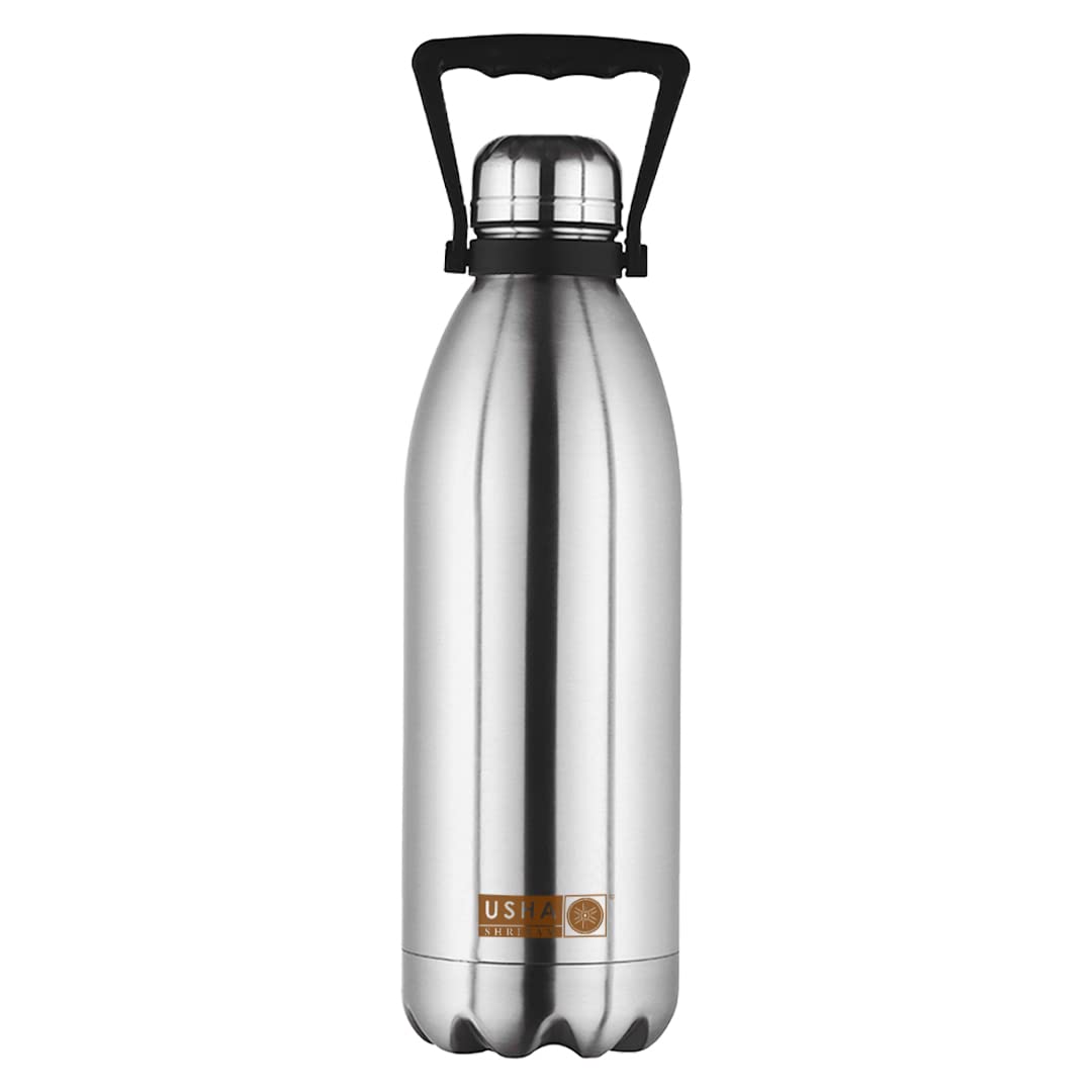 USHA SHRIRAM Insulated Stainless Steel Water Bottle | Water Bottle for Home, Office & Kids | Hot for 18 Hours, Cold for 24 Hours | Rust-free & Leak-Proof (2L, Pack of 1)