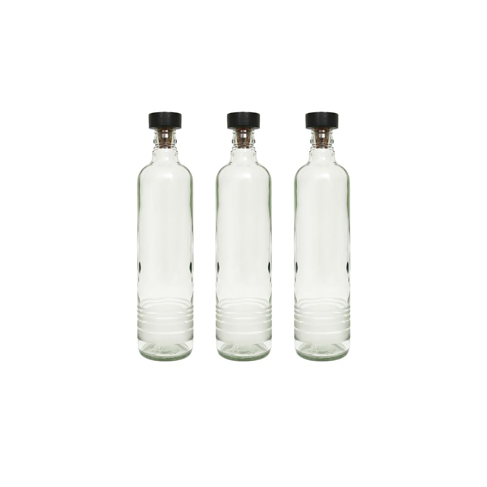 Ellementry Frosted Rings Glass Bottle with Cork (750 ML)| Water and Milk Bottle for Fridge | Clear and Transparent Bottles for Home & Office | BPA Free | Stylish & Premium Wine Bottle- Set of 3
