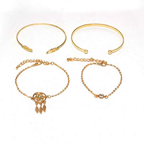 Yellow Chimes Combo of 4 Pcs/Set Boho Leaf Design Crystal Chain Vintage Dream Catcher Gold Plated Cuff Bracelet for Women and Girl's