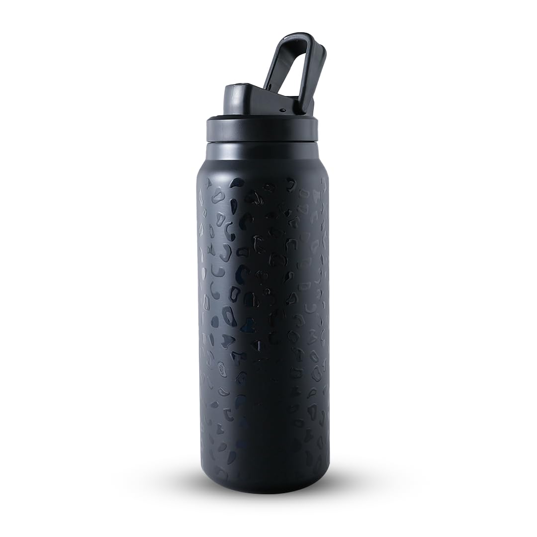 UMAI Stainless Steel Vacuum Insulated Printed Water Bottle | 900 ml | Keeps Contents Cold/Warm Upto 6-12 Hours | Black Leopard Print | BPA Free | Gym | Office | Home | Travel