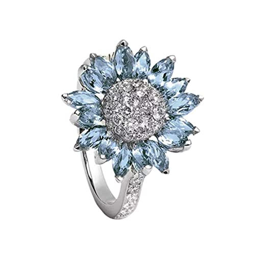 Yellow Chimes Rings for Women Floral Designed Aquamarine Blue and White Crystal Stoned Sunflower Shaped Silver Plated Rings for Women and Girl's