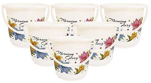 Kuber Industries Floral Print 6 Pieces Unbreakable Strong Plastic Bathroom Bucket 16 LTR (White) -CTKTC34850