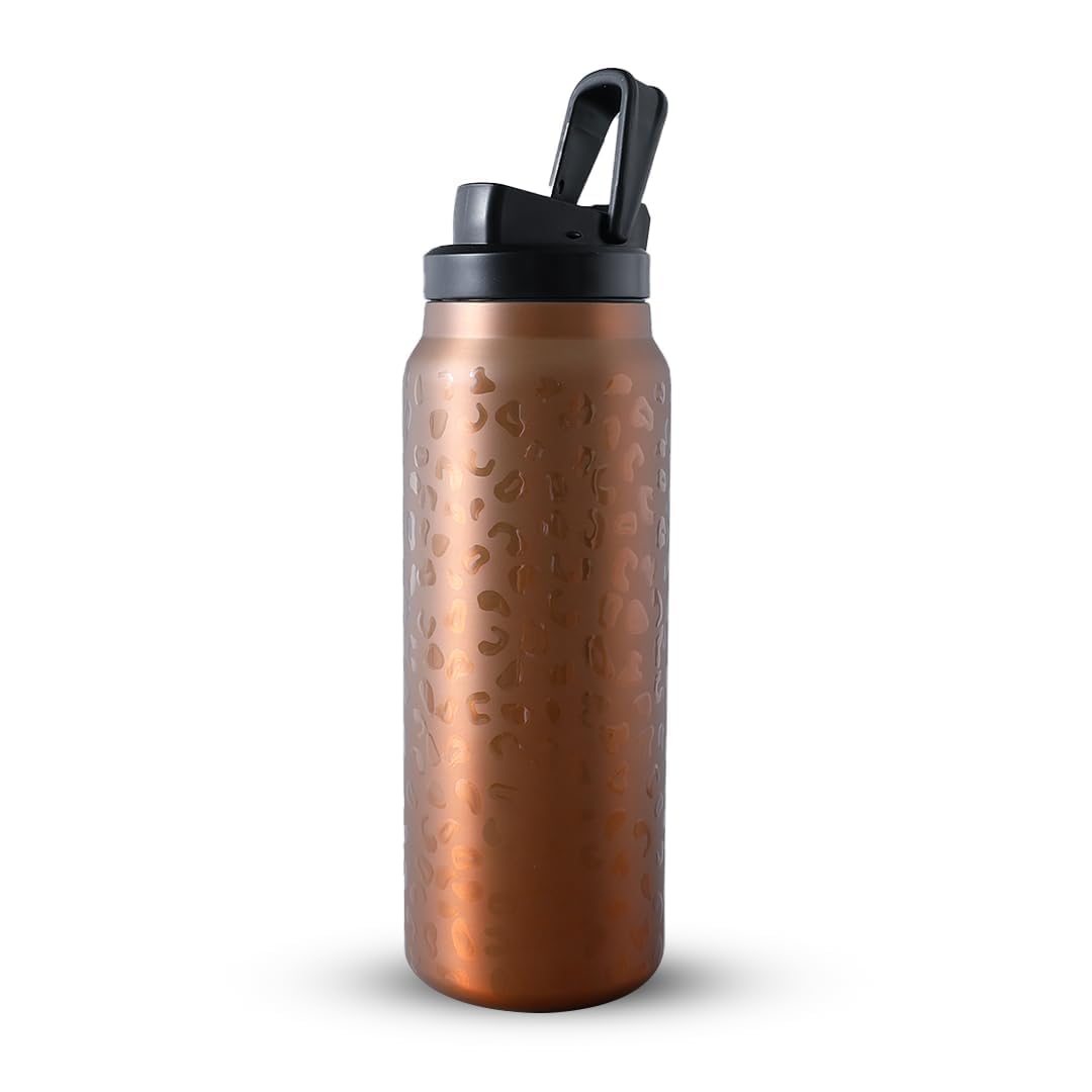 Heart Home Water Bottle | Vacuum Insulated Travel Bottle | Gym Water Bottle | Hot & Cold Water Bottle | Leopard-Print Bottle with Sipper Cap | DA230805 | 900 ML | Golden