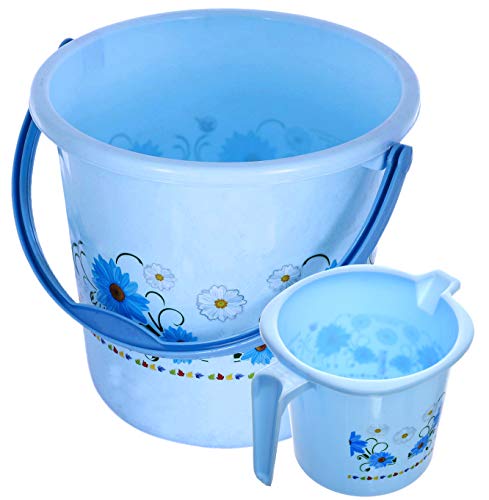 Kuber Industries 2 Pieces Unbreakable Virgin Plastic Bathroom Bucket with Mug Set- Blue, (1 Pc 18 LTR Bucket & 1 Pc 1 LTR Mug)-KUBMART1261 Pack of 2 Blue