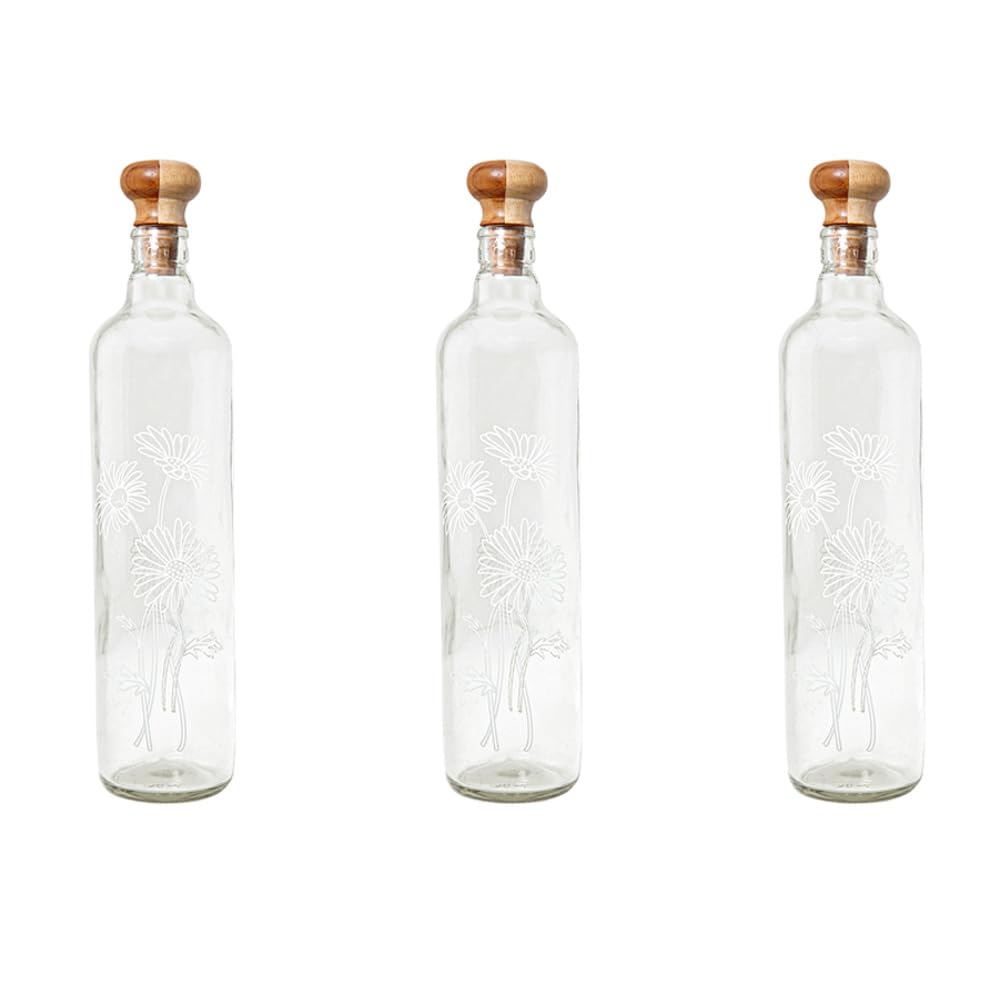 Ellementry Daisy Glass Bottle with Cork (750 ML)| Water and Milk Bottle for Fridge | Clear and Transparent Bottles for Home and Office | BPA Free | Stylish and Premium Wine Bottle- Set of 3