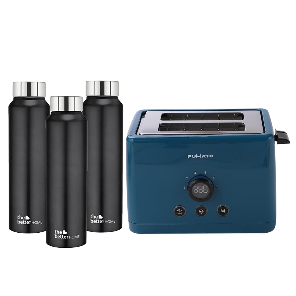 The Better Home FUMATO 1000 Watt 2 Slice Pop-up Toastmate Toaster & Stainless Steel Water Bottle 1 Litre Pack of 3 Black