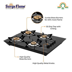 Surya Flame Apollo Round Hob Top | Gas Stove 4 Burners | Manual Glass Stove with Spill Proof Desing & Jumbo Burner | 2 Years Complete Doorstep Warranty - Black (4B APOLLO ROUND)