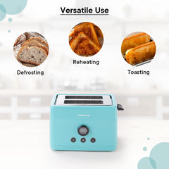 Fumato 1000W Bread Toaster 2 Slices with Bun Rack | Stainless Steel Auto Pop Up Toaster- 6 Heating Modes, Removable Crumb Tray, Extra Wide Slots | Cancel, Reheat & Defrost | 1 Yr Warranty- Misty Blue