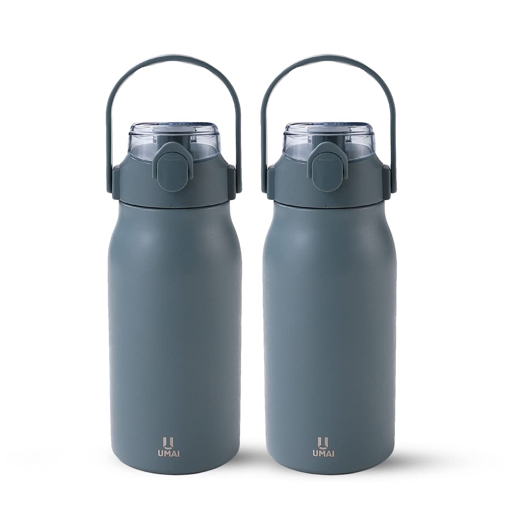 Umai Insulated Stainless Steel Bottle 1 Litre with Sipper Lid-Double Wall Vacuum Thermos|Leakproof|Rustproof|Keeps Drinks Hot/Cold for 6-12 Hours|FlipUp Handle|Easy to Carry (Pack of 2, Blue)