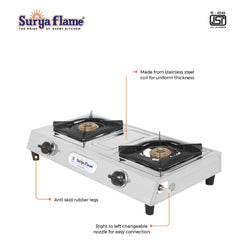 Surya Flame Venus Gas Stove, 2 Burner, Stainless Steel Body Manual LPG Stove, with Stainless Steel Pan Support - 2 Years Complete Doorstep Warranty
