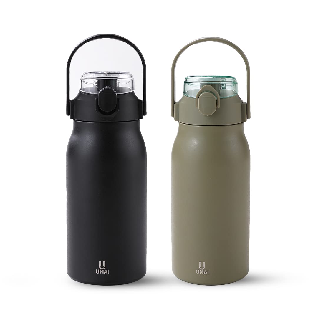 Umai Insulated Stainless Steel Bottle 1 Litre with Sipper Lid-Double Wall Vacuum Thermos | Leakproof | Keeps Drinks Hot/Cold for 6-12 Hours | FlipUp Handle | Easy-to-Carry (Pack of 2) (Black-Green)