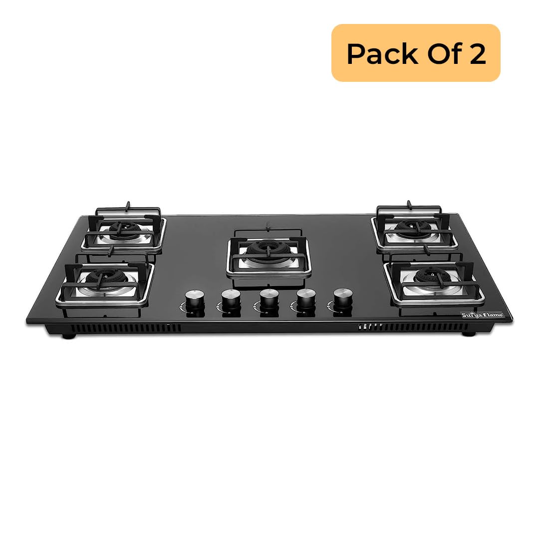 Surya Flame ADORE 5 Burner Glass Top, Black Body LPG Stove with 69% Thermal Efficiency - 2 Years Complete Doorstep Warranty(Pack of 2)