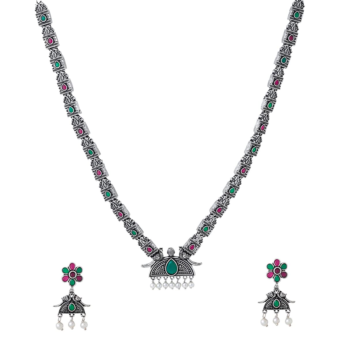 Yellow Chimes Jewellery Set for Women and Girls Traditional Silver Oxidised Jewellery Set | Peacock Designed Stone Oxidized Necklace Set | Birthday Gift For Girls and Women Anniversary Gift for Wife