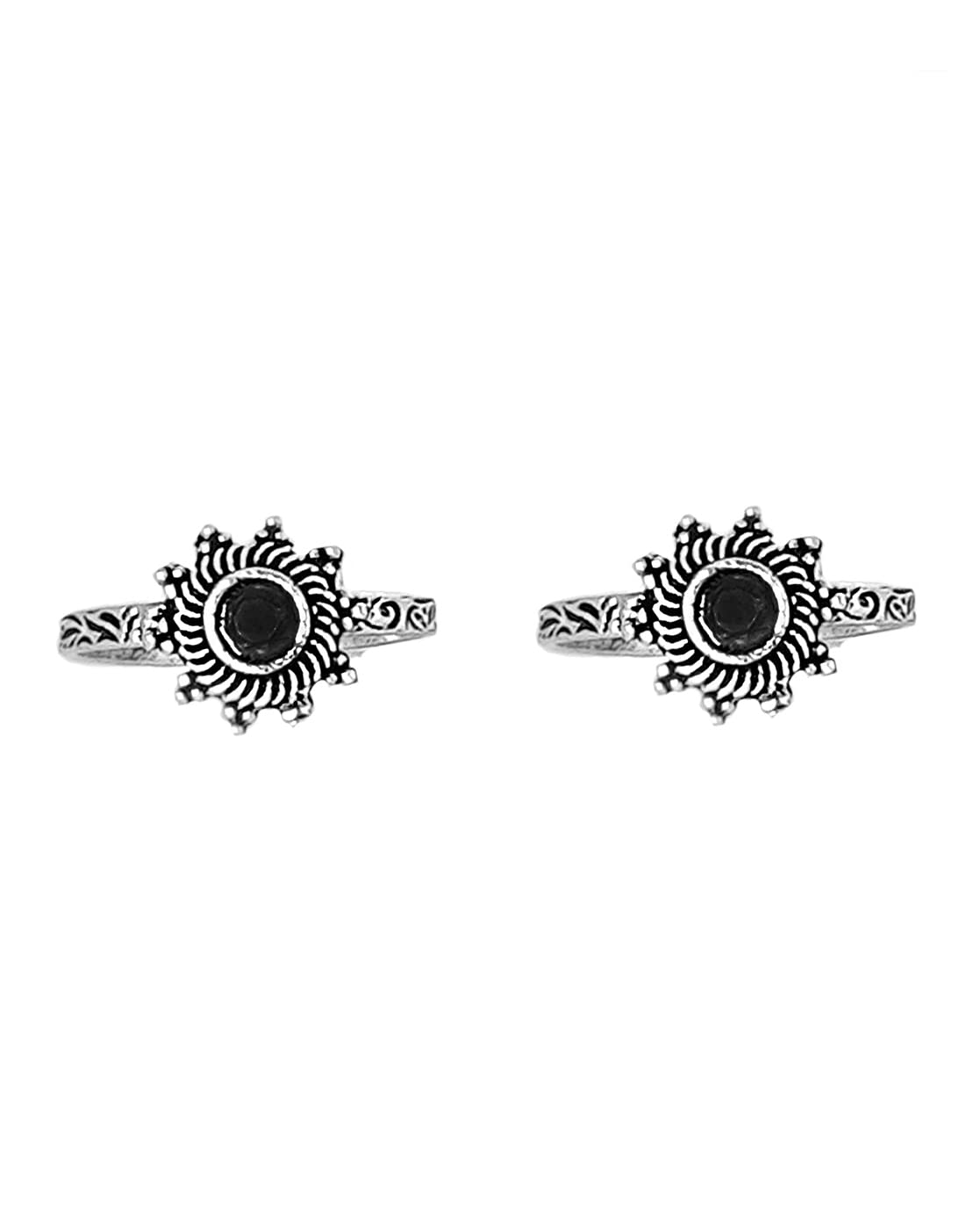 TEEJH Arika Black Stone Silver Oxidised Toe Rings for Women