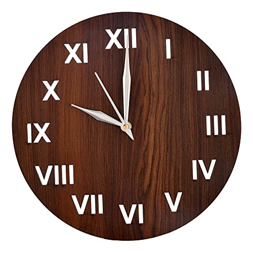 Kuber Industries Roman Number Round Shaped Wooden 10inch Wall Clock Brown, Standard (HS39KUBMART022871)