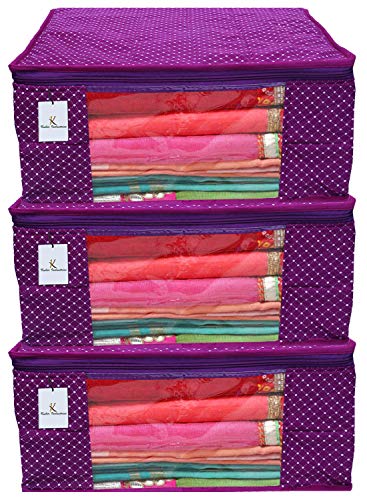 Kuber Industries Polka Dots 3 Piece Cotton 3 Layered Quilted Saree Cover, Purple-CTKTC025807