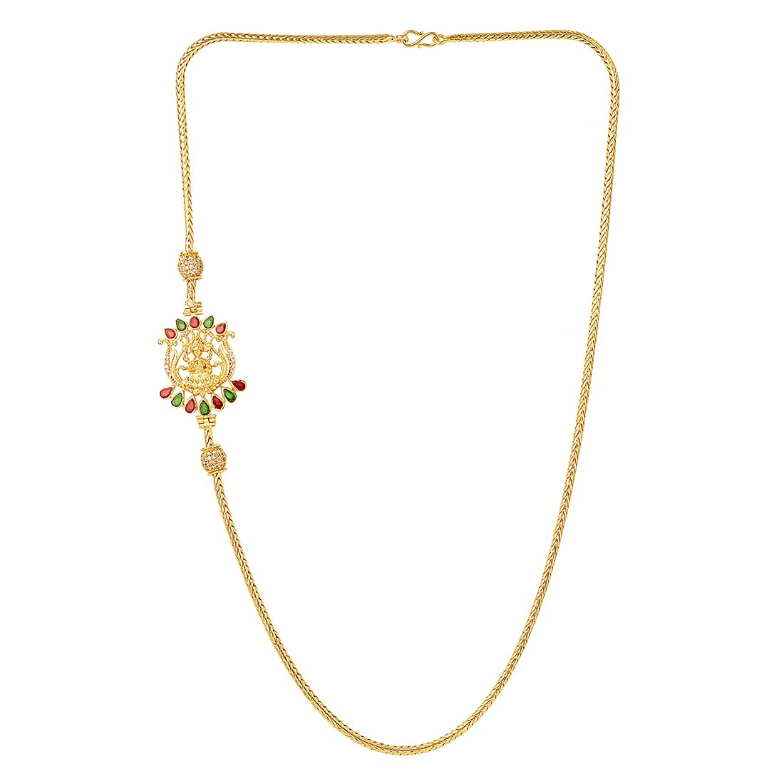 Yellow Chimes Classic AD/American Diamond Studded Gold Plated Necklace Ball Peacock Mugappu Mopu Chain Design Thali chain with side Mugappu for Women and Girls, Gold, Multicolour, Medium
