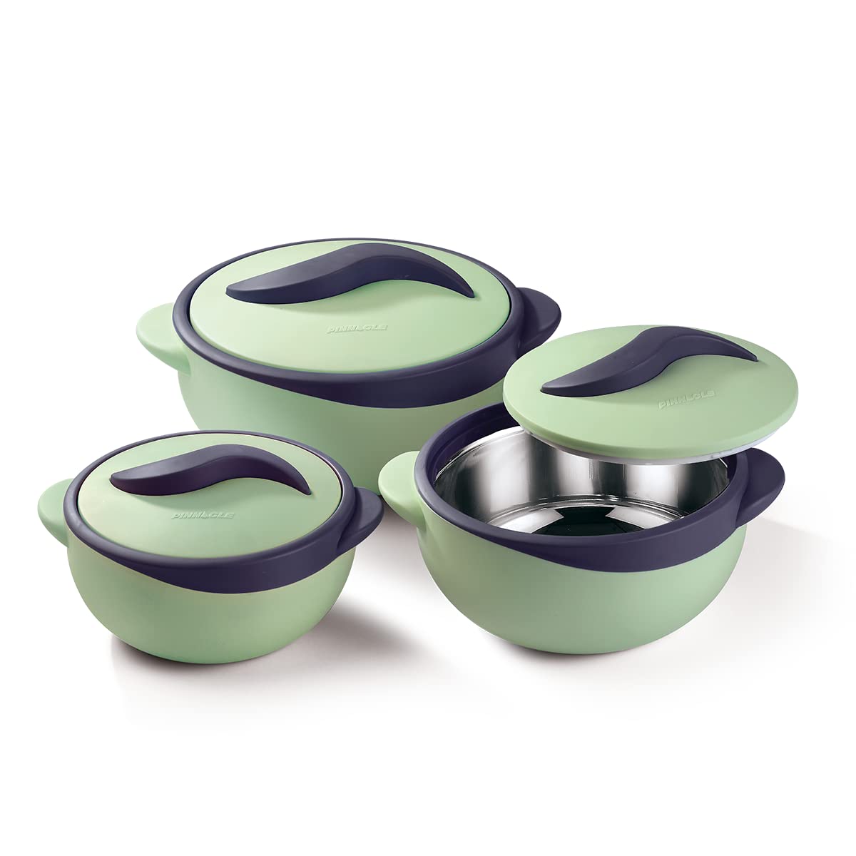 Pinnacle Parisa Inner Stainless Steel Casserole Set of 3 | 500 ml, 1000 ml, 1500 ml | Hot Case | Roti Box | Ideal as Serving Bowl with Lid | Hot Boxes for Kitchen | Blue (Green)