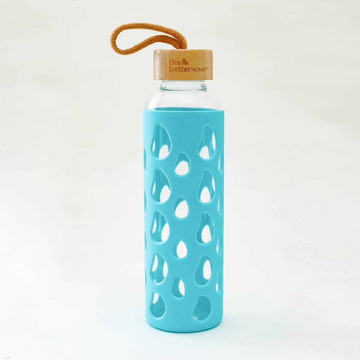 The Better Home Borosilicate Glass Water Bottle with Sleeve 550ml | Non Slip Silicon Sleeve & Bamboo Lid | Fridge Water Bottle For Home & Office (Light Blue, Pack of 1)