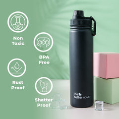 The Better Home Stainless Steel Insulated Sipper Water Bottle 710ml | Thermos Hot and Cold Water Flask | Sipper Bottle for Adults and Kids | Steel Bottle for Gym Office Home | (Black)