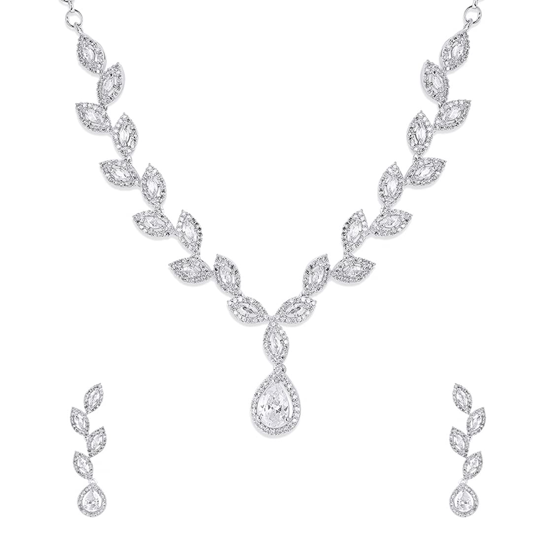 Yellow Chimes Classic AD/American Diamond Studded White Rhodium Plated Leaf Designed Necklace Set Jewellery Set for Women and Girls, Medium, YCADNS-11LEFDRP-WH